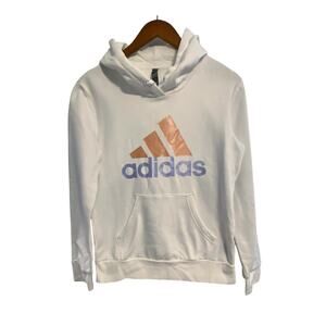 Adidas Women's White with Peach and Lilac Logo Pullover Hoodie Size Medium